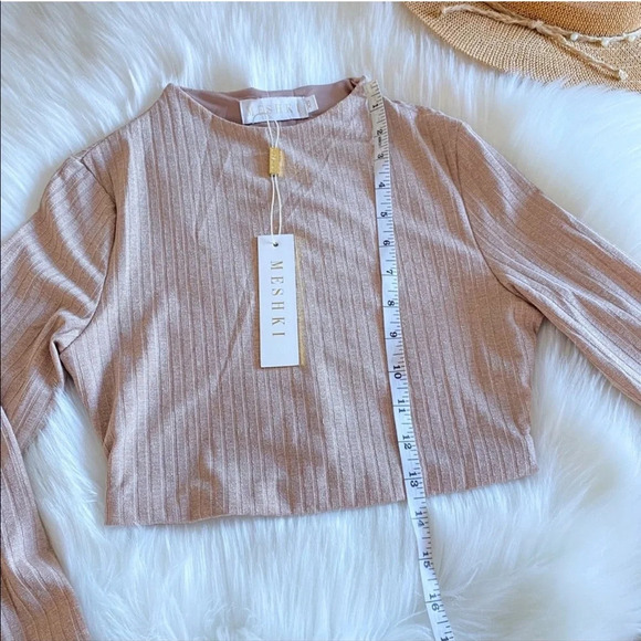 Meshki ILIANA Shimmer Rib Ribbed Long Sleeve Crop Top Nude Silver High Neck XS - Picture 10 of 11